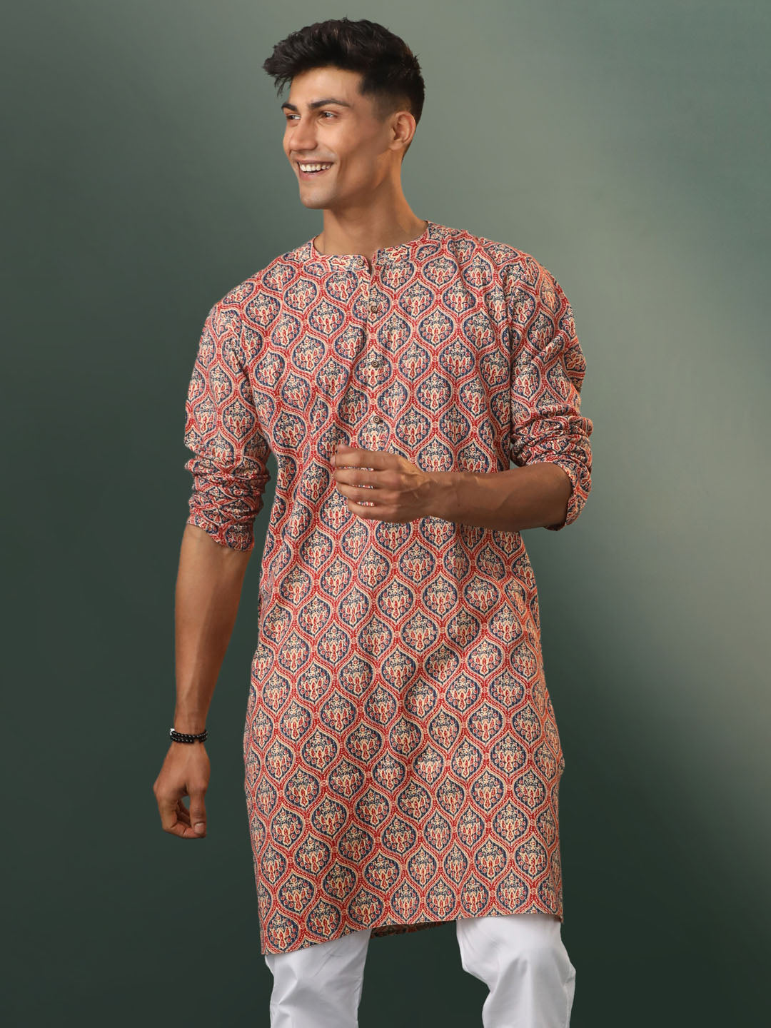 Men's Multicolor Base Red Cotton Kurta