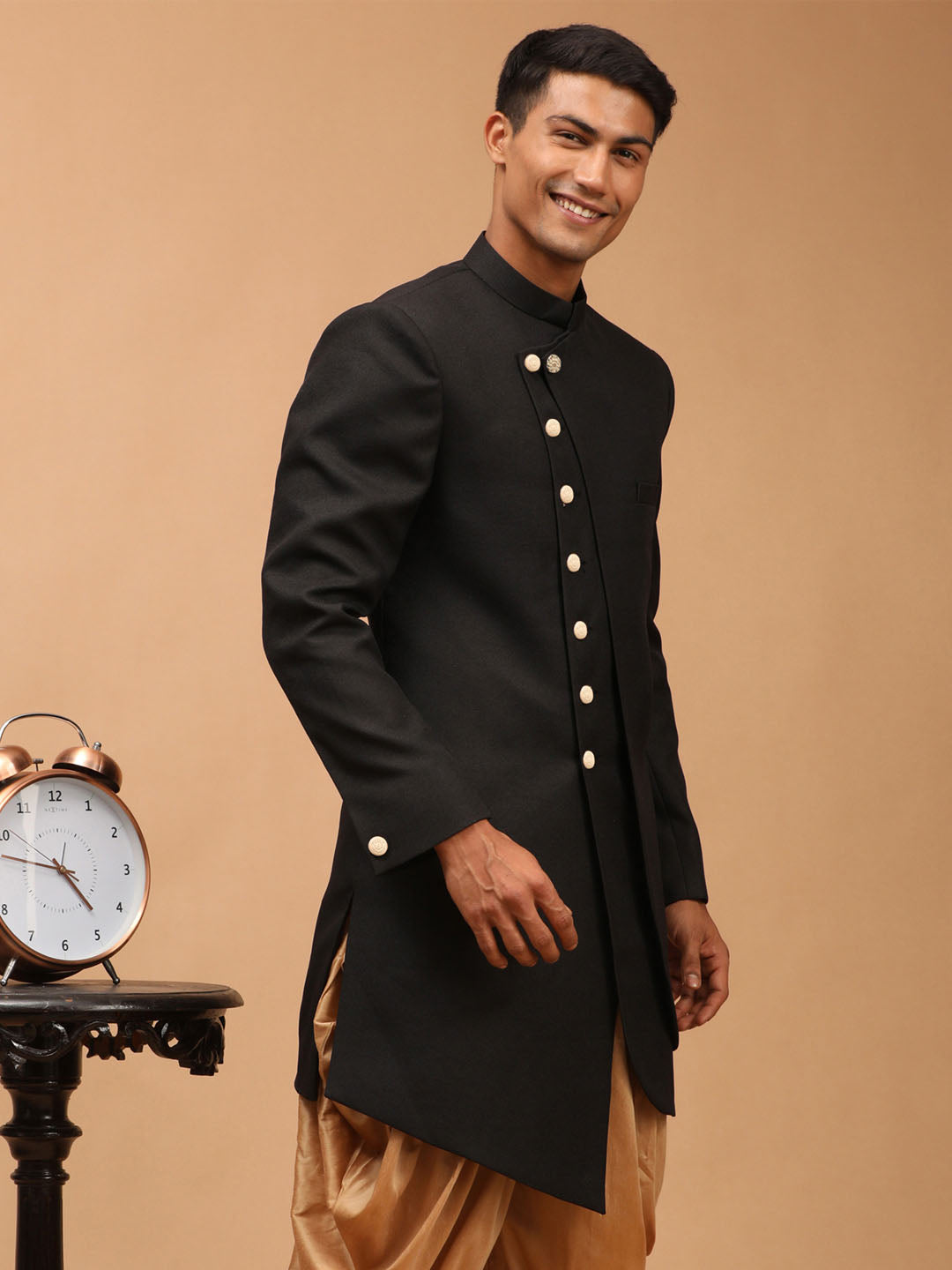 Men's Black Cotton Blend Sherwani Only Top