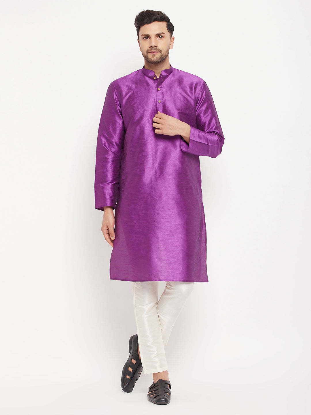 Men's Purple And Cream Silk Blend Kurta Pyjama Set