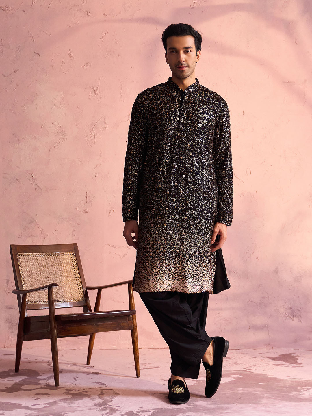 Men's Black Georgette Kurta and Patiala Set