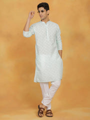 Men's Green And White Cotton Kurta And Pyjama Set