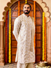 Men's Cream Tissue Benarasi Jacquard Kurta