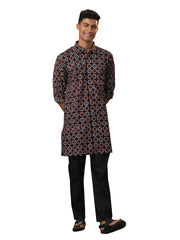 Men's Multicolor Base Black Cotton Kurta Pyjama Set