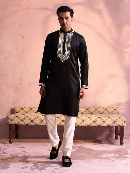 Men's Black And Cream Moonga Silk Kurta Pyjama Set