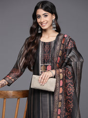 Women Black Ethnic Motifs Printed Straight Kurta Paired With Tonal Solid Bottom And Printed Dupatta