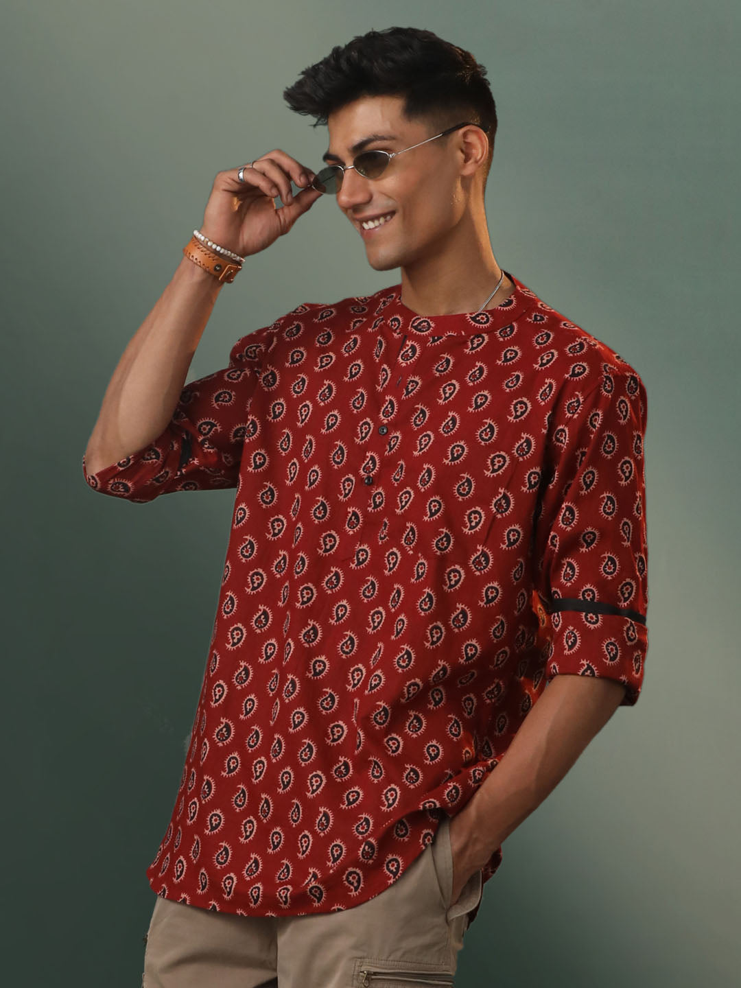 Men's Maroon Cotton Short Kurta