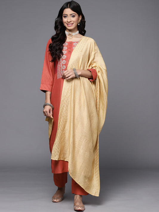 women rust embroidered kurta set paired with dupatta