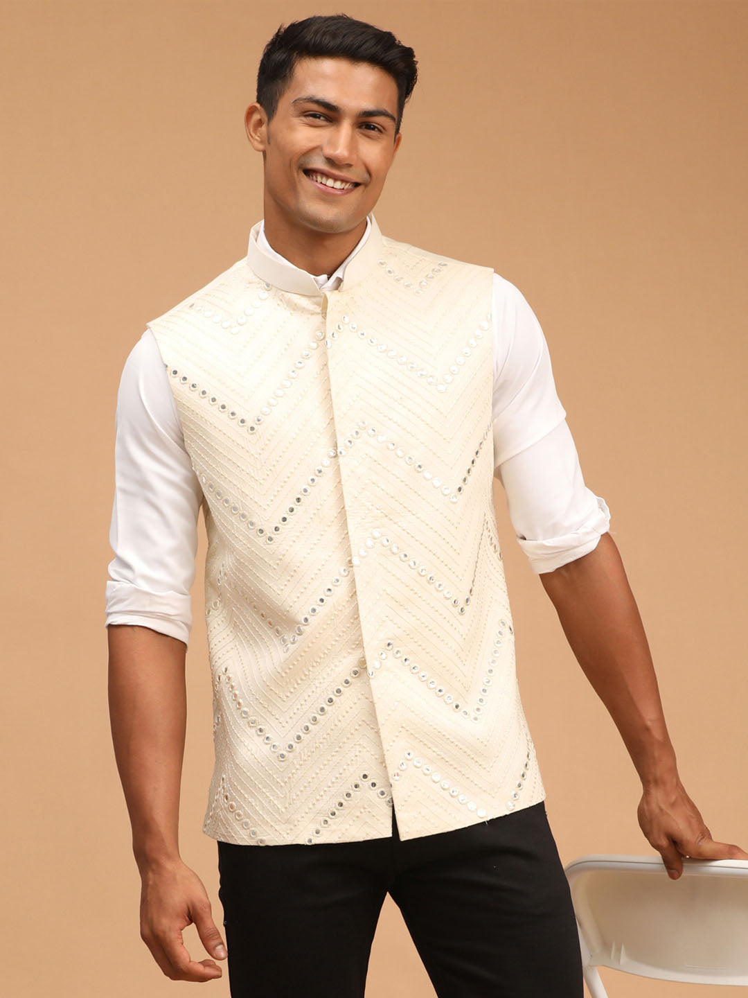 Men's Cream Mirror Work Nehru Jacket