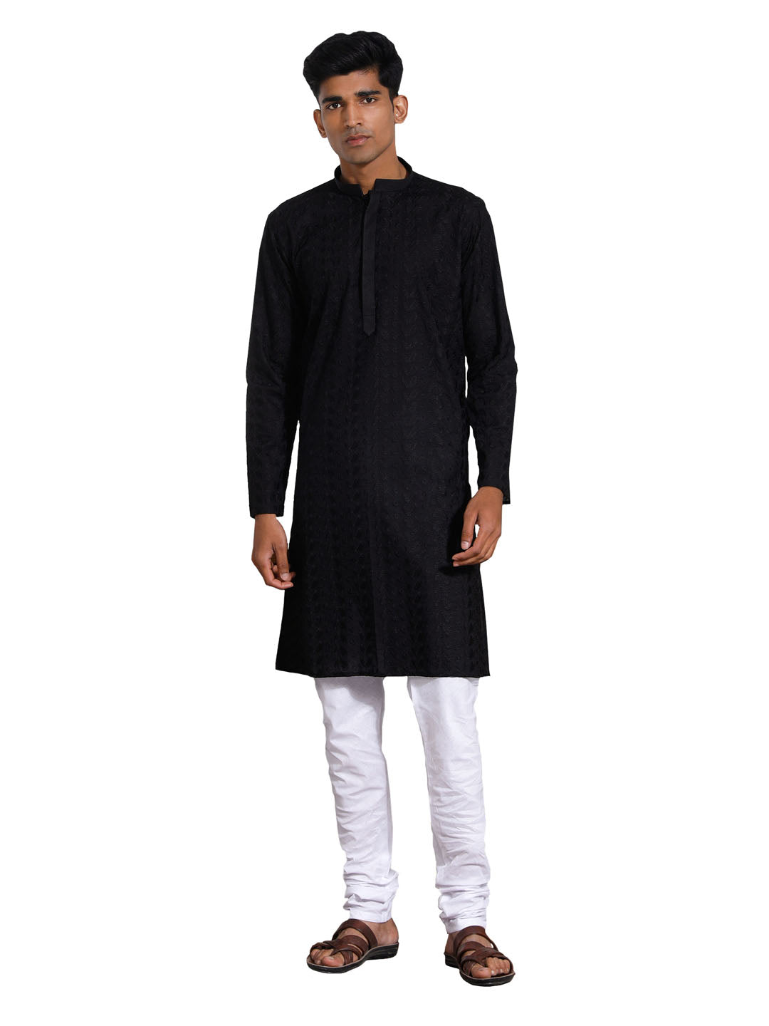 Men's Black And White Cotton Kurta Pyjama Set