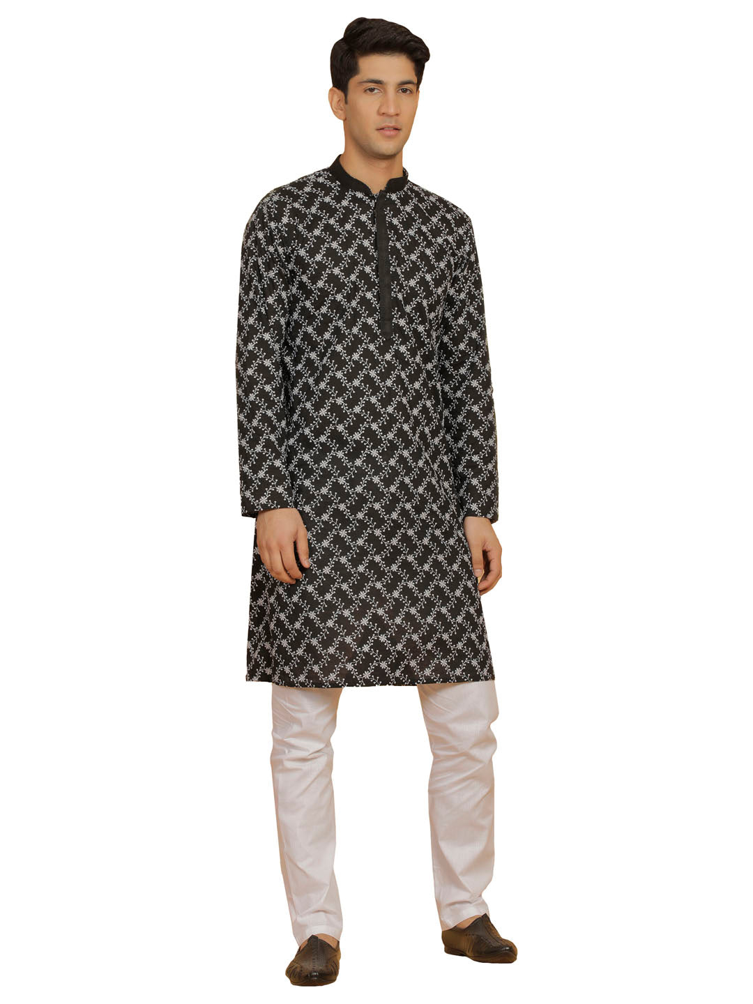 Men's Black And White Cotton Kurta And Pyjama Set