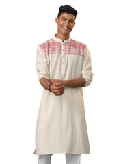 Men's Cream And Red Cotton Kurta