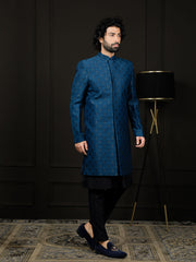 Men's Turquoise And Black Viscose Sherwani Set