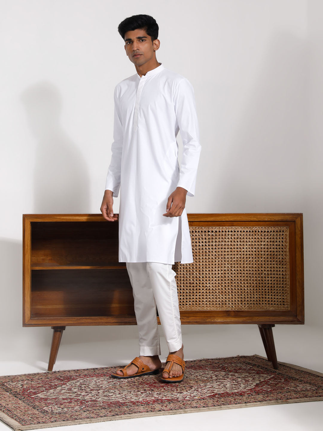 Men's White Cotton Silk Kurta Pyjama Set