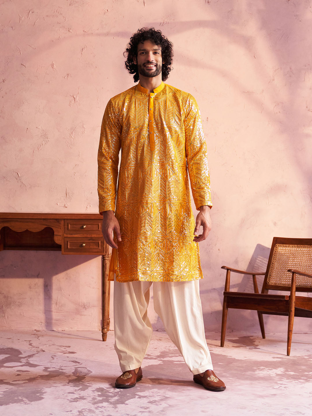 Men's Yellow Georgette Kurta