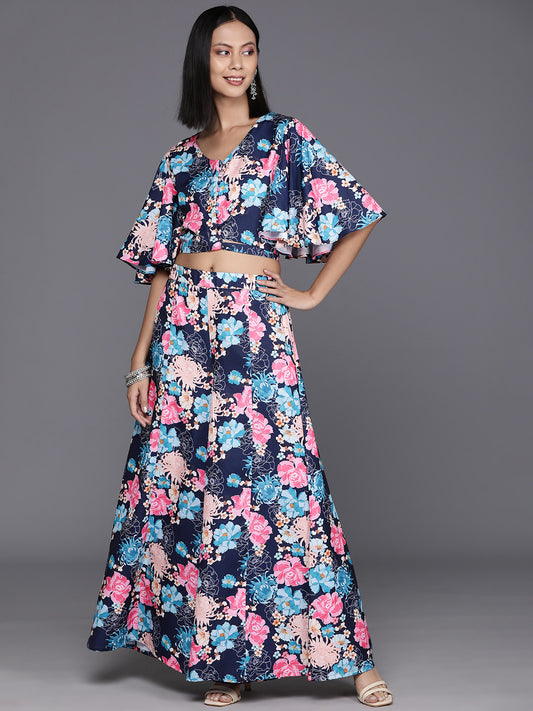 Women Blue Floral  Printed, Flared Sleeves, Front Open With Tie Up Details Crop Top Paired With Flared Bottom