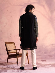 Men's Black And Cream Georgette Kurta Pyjama Set