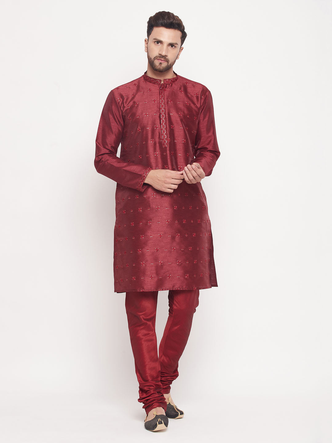 Men Maroon Silk Blend Kurta