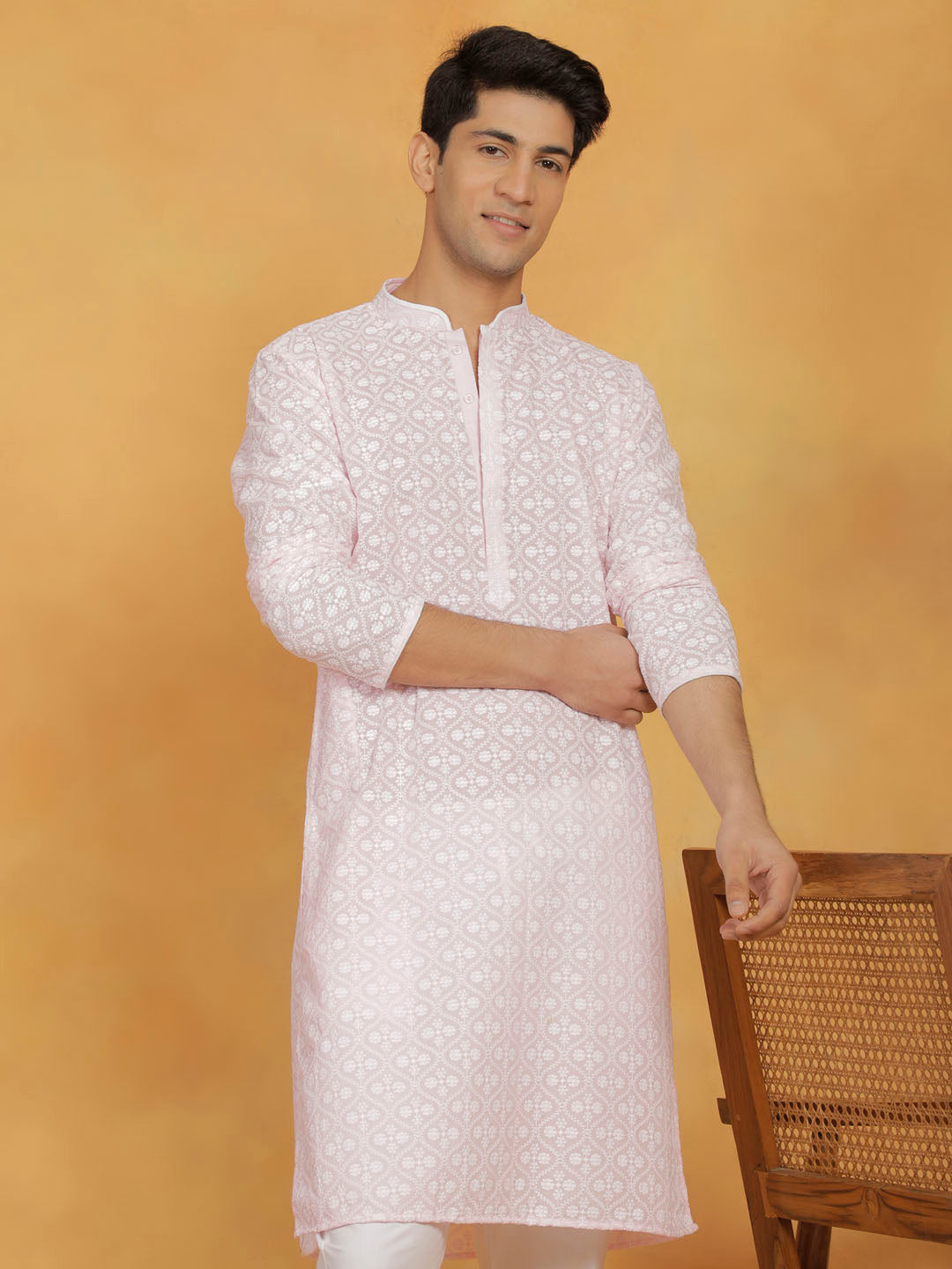 Men's Pink And White Cotton Kurta And Pyjama Set