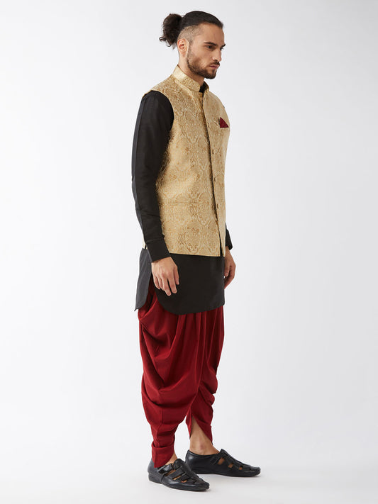 Men's Black, Rose Gold And Maroon Silk Blend Jacket, Kurta and Dhoti Set