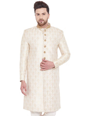 Men's Beige And Gold Silk Blend Sherwani Only Top