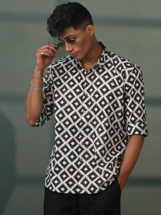 Men's White Base Black Cotton Ethnic Shirt