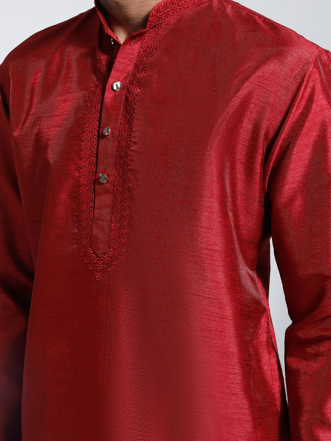 Men's Maroon And Cream Dupion Silk Kurta Pyjama Set