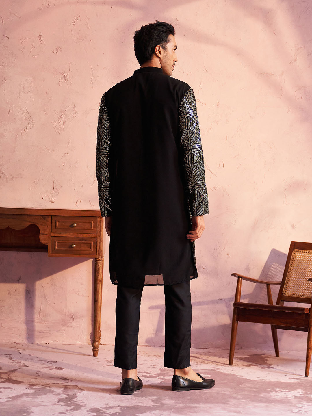 Men's Black Georgette Kurta Pyjama Set