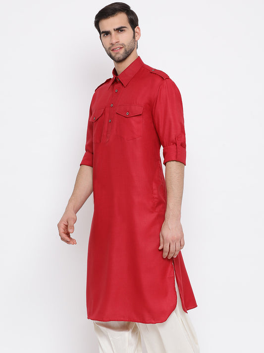 Men's Maroon Cotton Blend Pathani Kurta