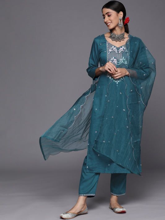 Kalini Blue Yoke Embroidered Kurta Paired With Straight Pant And Organza Dupatta