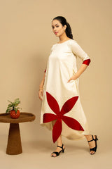 Women Stylish Off White Pure Cotton Assymetric A-Line Dress With Red Flower Patch