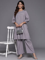 Women Grey Cotton Lace And Gather Detailed Co-Ord