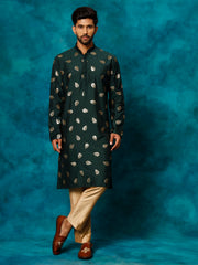 Men's Green And Rose Gold Cotton Blend Kurta Pyjama Set