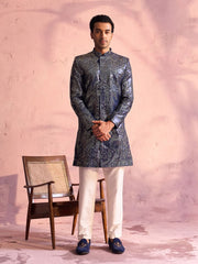 Men's Navy Blue And Cream Georgette Sherwani Set