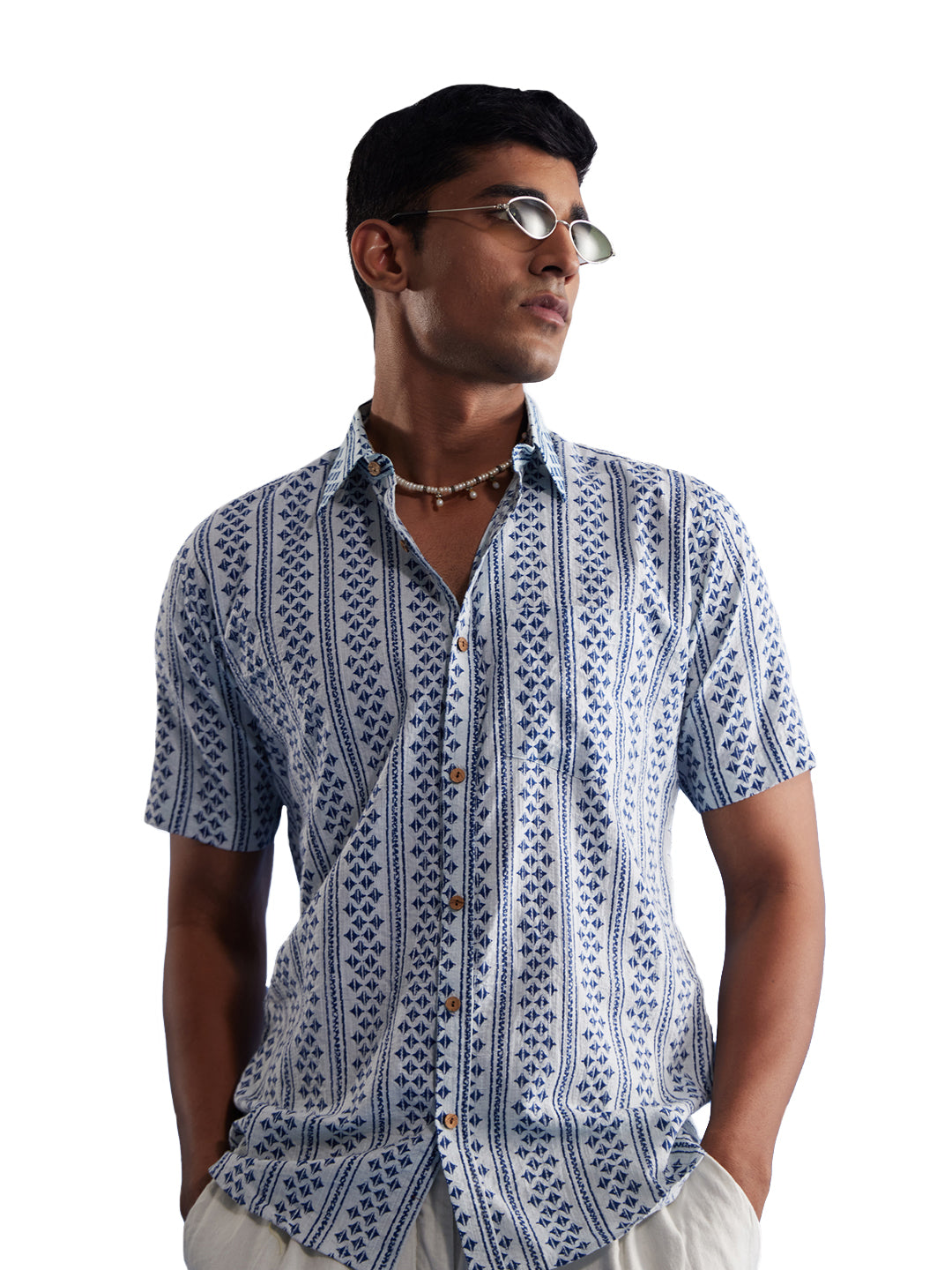 Men's White And Blue Cotton Shirt