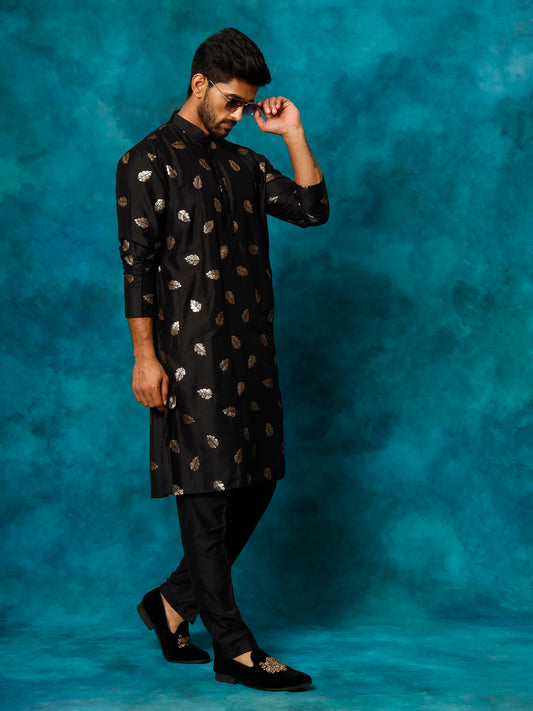 Men's Black Cotton Blend Kurta Pyjama Set