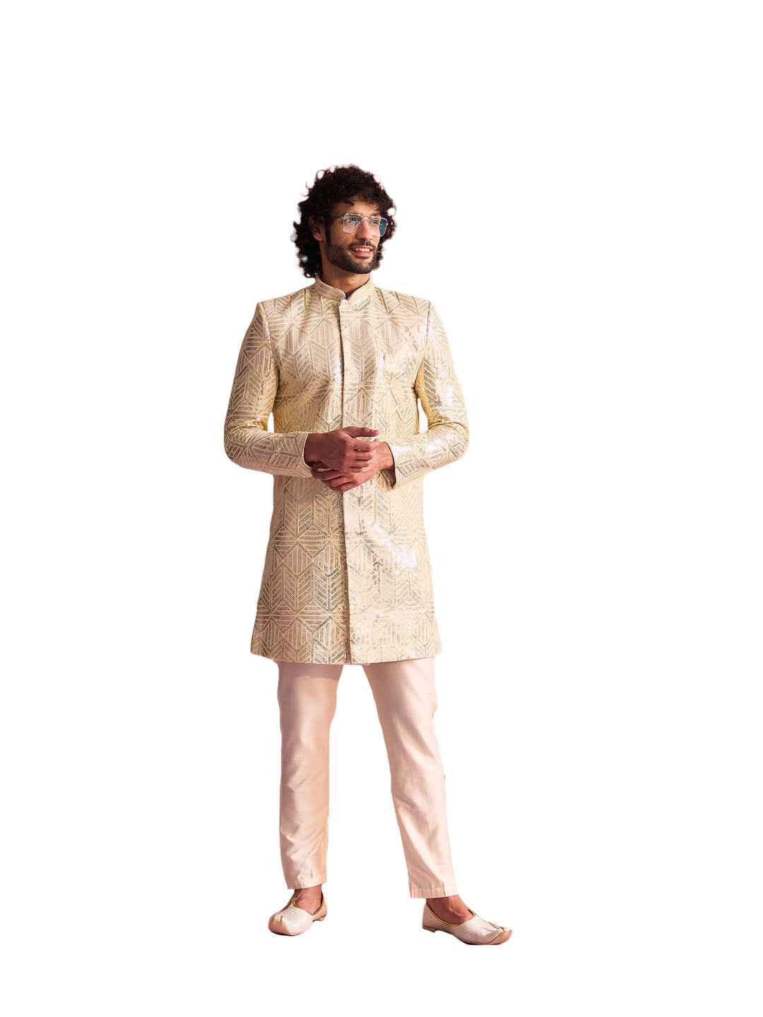 Men's Cream Georgette Sherwani Set