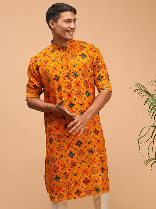 Men's Yellow Cotton Blend Kurta