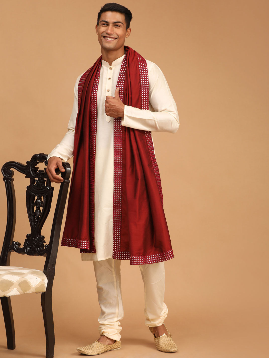 Men's Cream Viscose Kurta, Pyjama & Dupatta Set