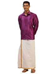 Men's Purple And White Silk Blend Shirt And Mundu