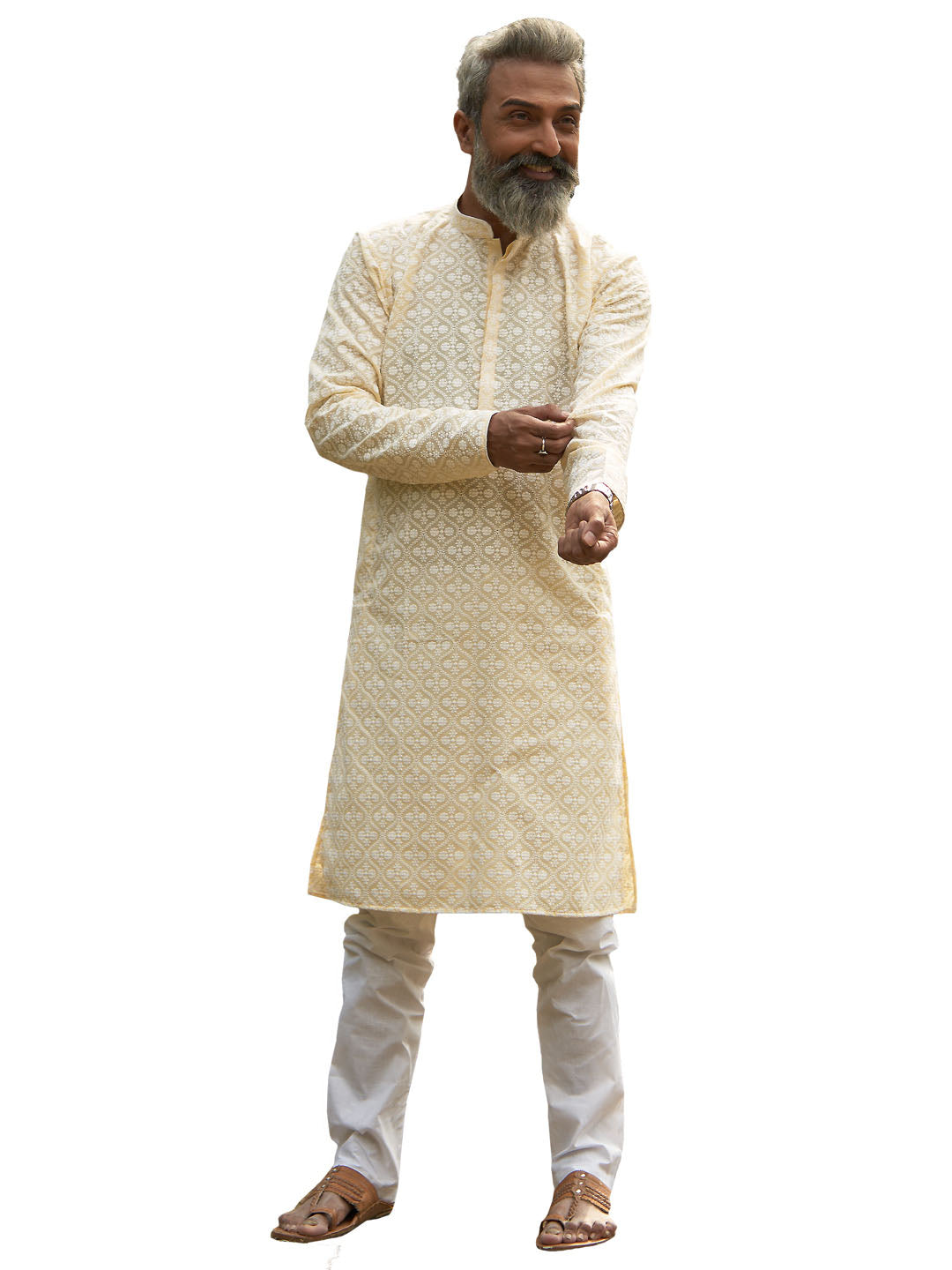 Men's Yellow And White Cotton Blend Kurta Pyjama Set