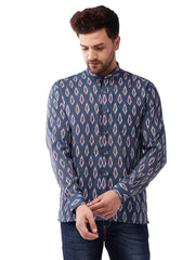 Men's Multicolor-Base-Grey Cotton Blend Ethnic Shirt