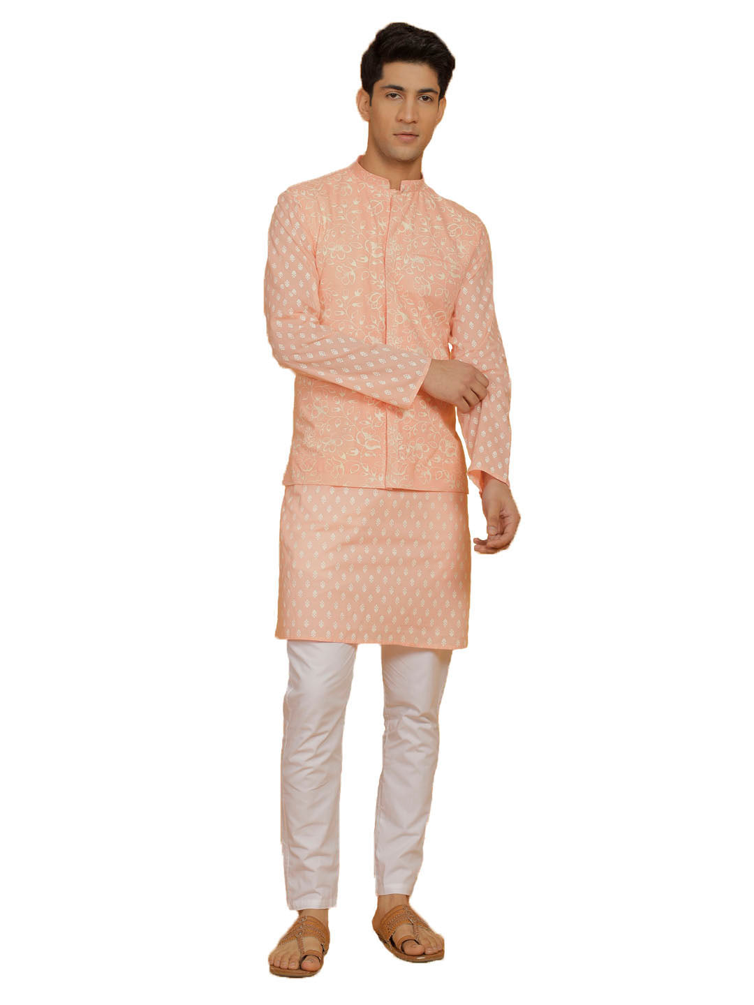 Men's Peach And White Cotton Jacket, Kurta and Pyjama Set