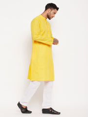 Men's Yellow And White Cotton Kurta Pyjama Set