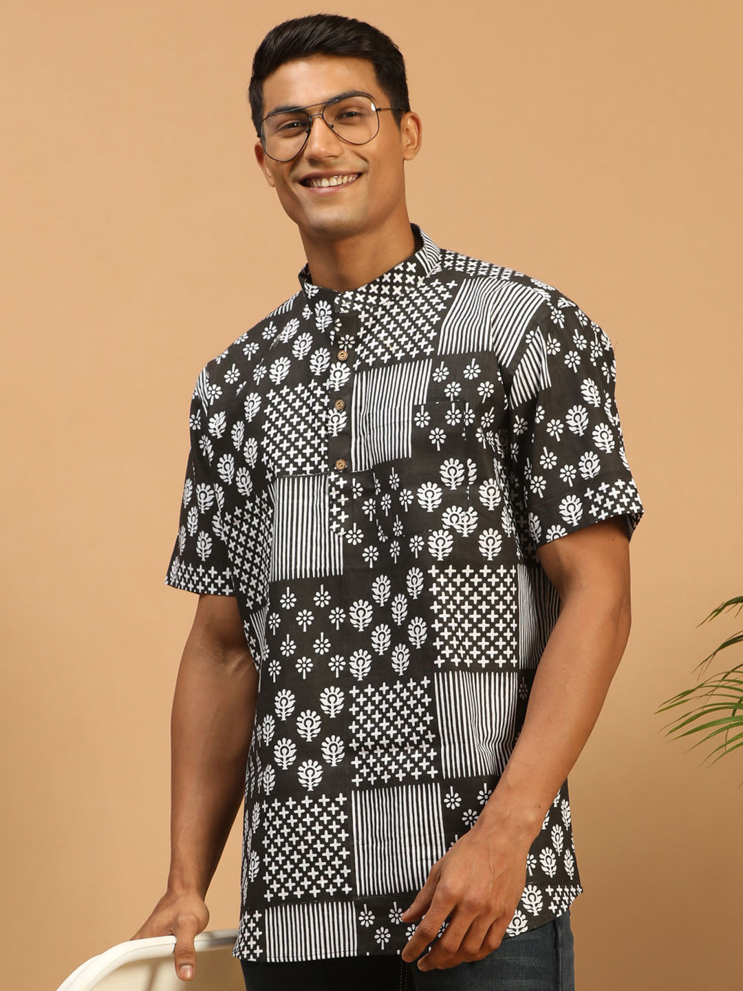 Men's Black Cotton Short Kurta