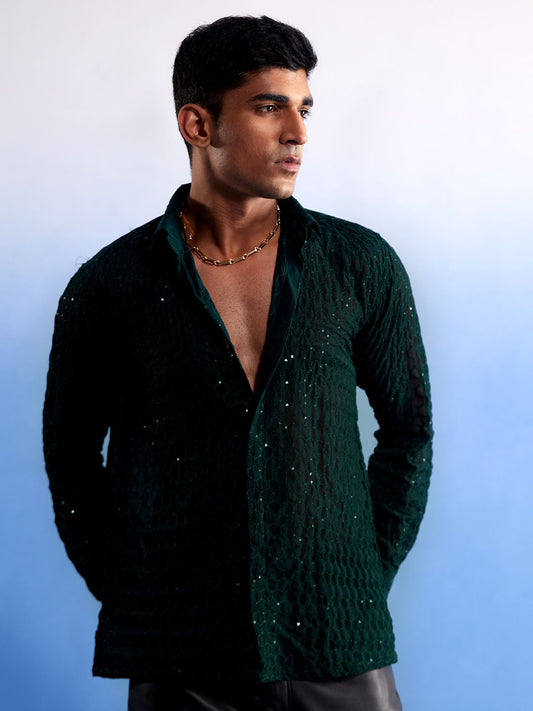 Men's Green Georgette Ethnic Shirt