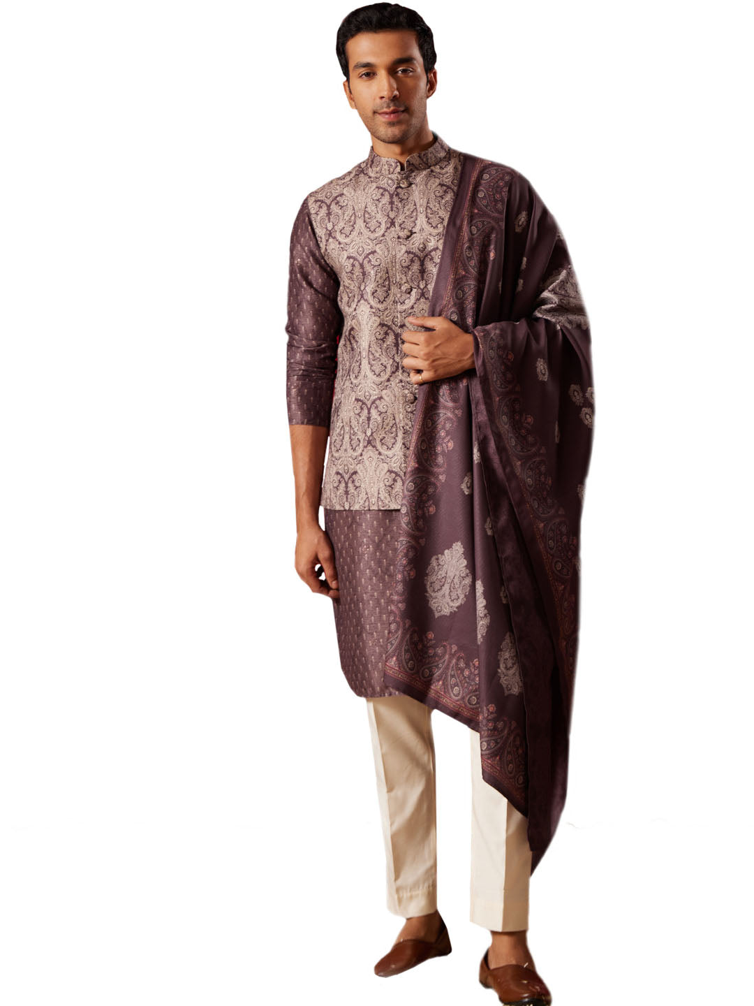 Men's Wine Cotton Silk Jacket, Kurta, Pyjama and Dupatta Set