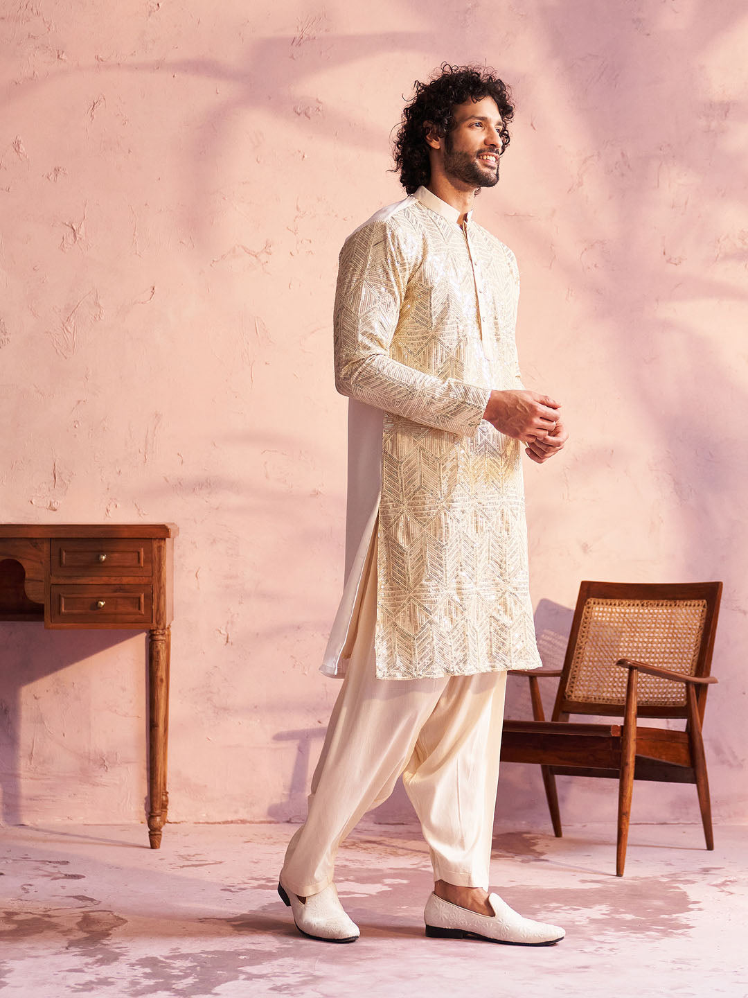 Men's Cream Georgette Kurta and Patiala Set