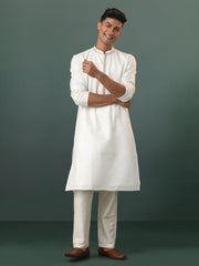 Men's White Cotton Blend Kurta Pyjama Set