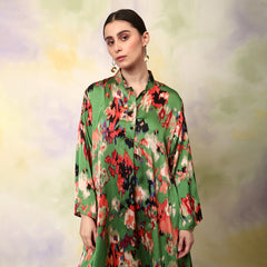 Green Flowly Kurta With V Neck Collar