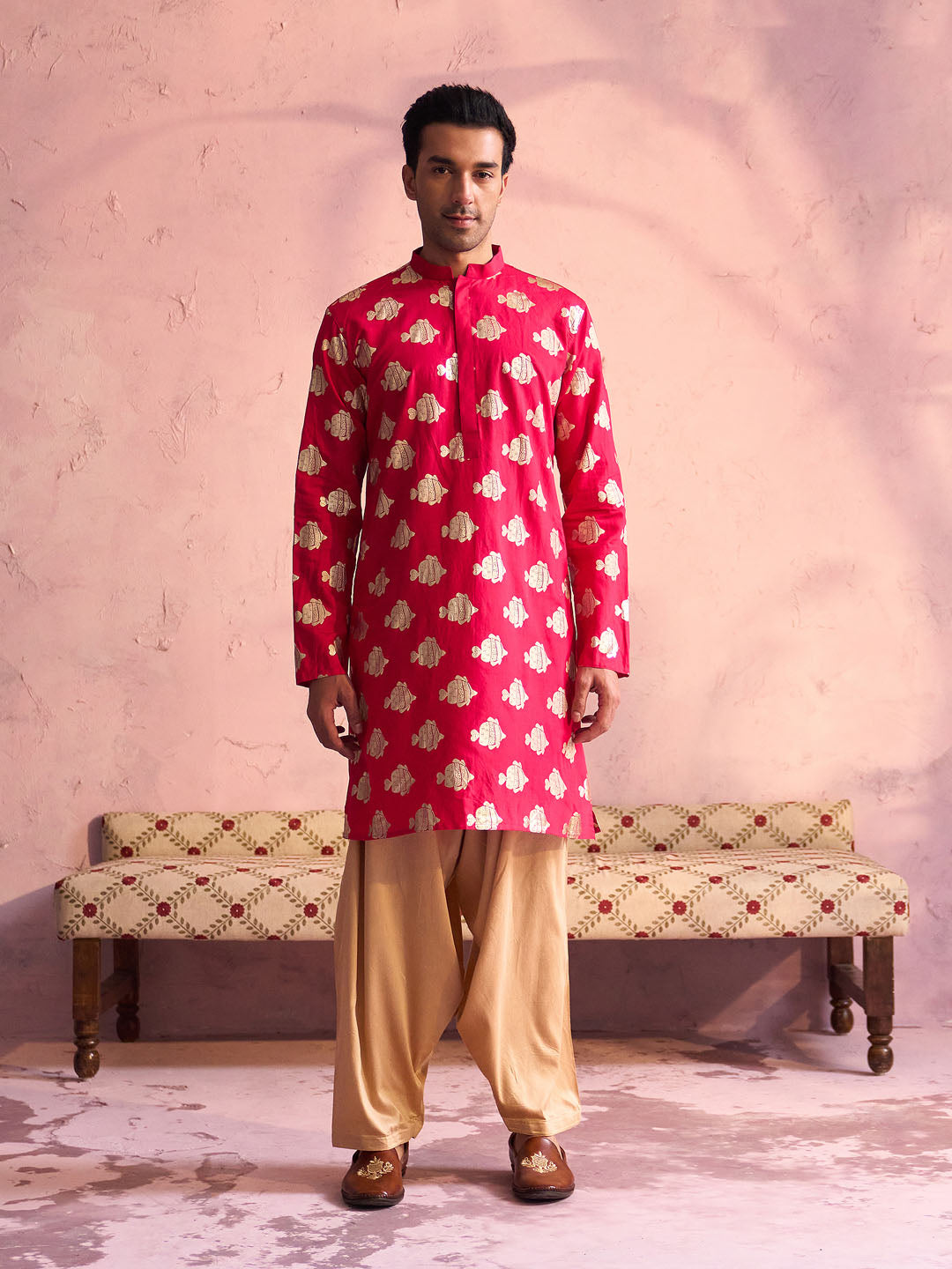 Men's Valentino Pink And Rose Gold Viscose Kurta and Patiala Set